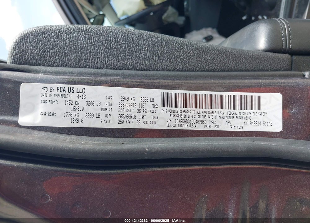 2016 DODGE DURANGO VIN: 1C4RDHDG1GC407853