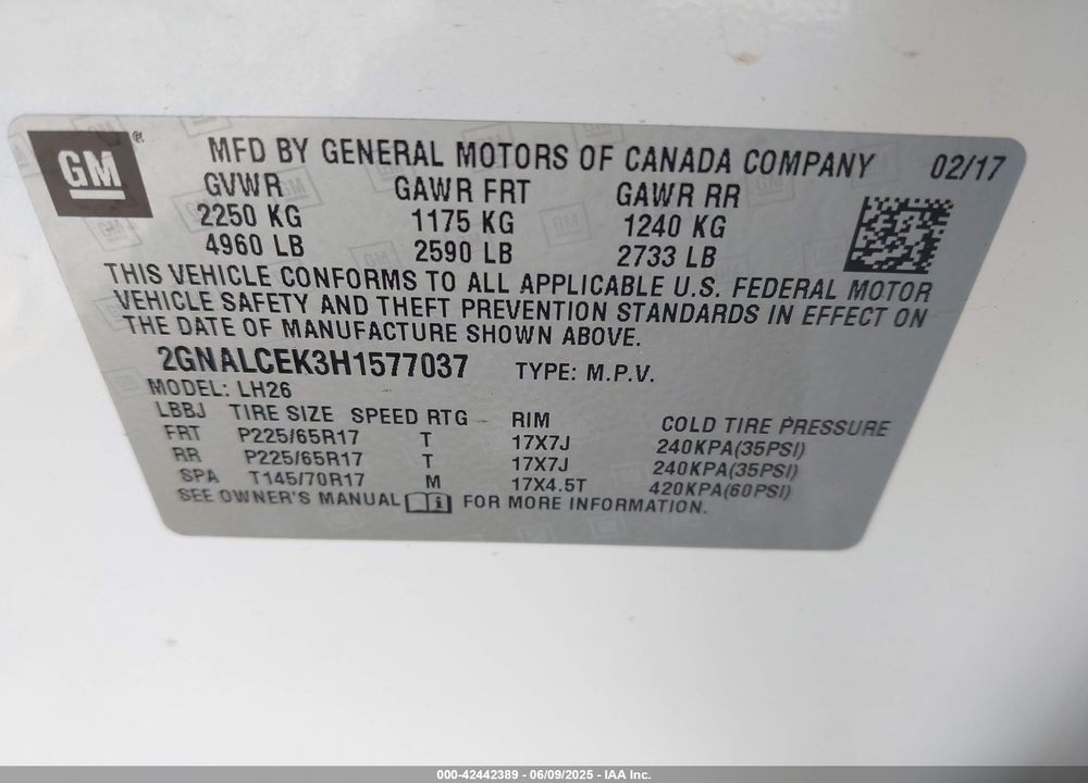 2017 CHEVROLET EQUINOX VIN: 2GNALCEK3H1577037