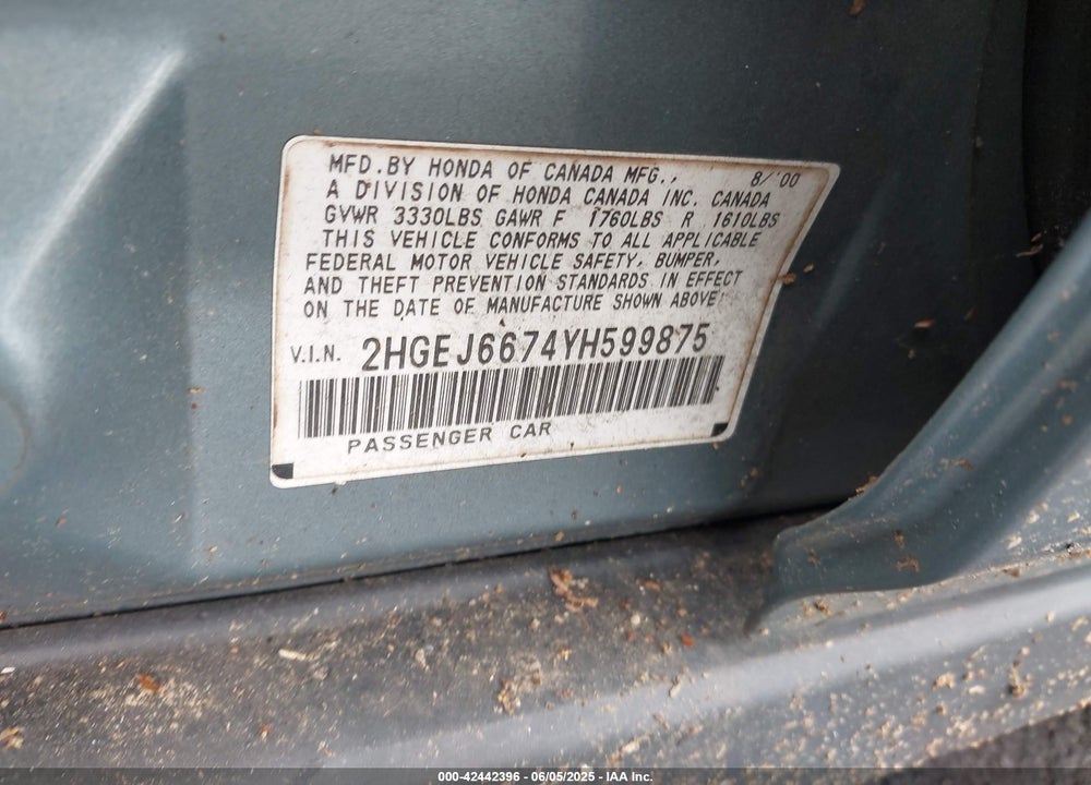 2000 HONDA CIVIC LX VIN: 2HGEJ6674YH599875