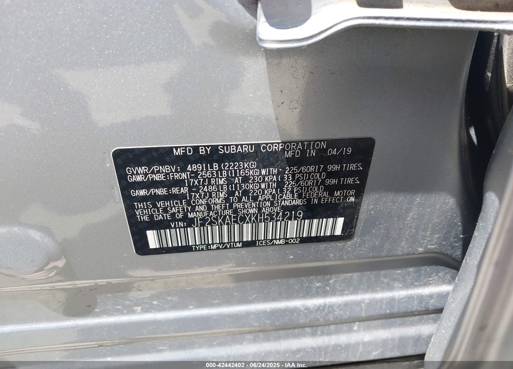 2019 SUBARU FORESTER VIN: JF2SKAECXKH534219