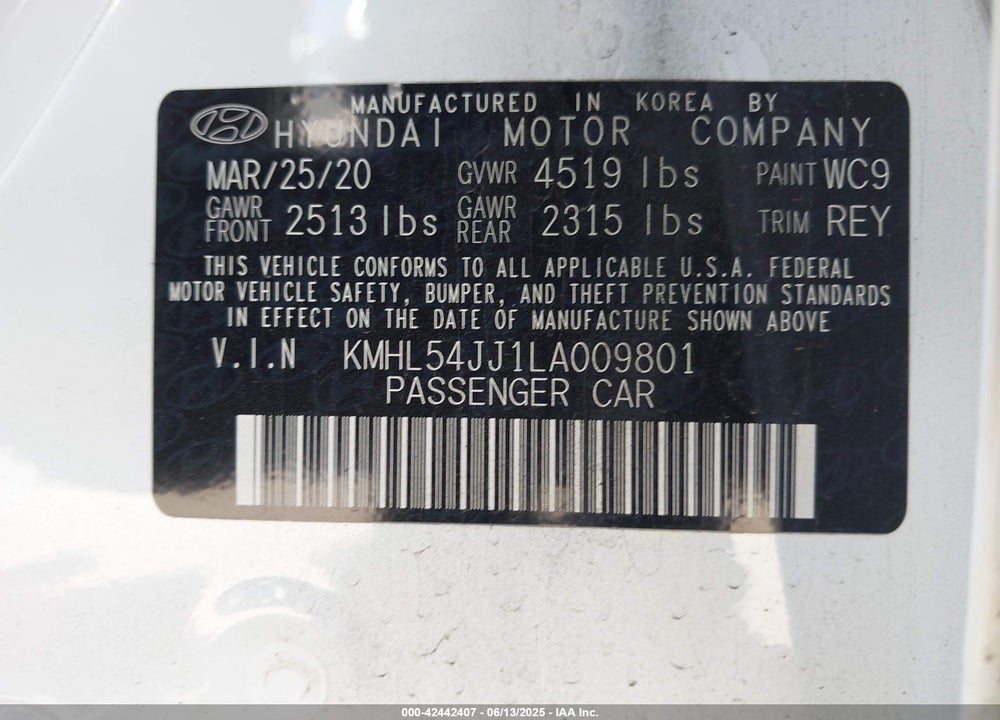 2020 HYUNDAI SONATA HYBRID LIMITED VIN: KMHL54JJ1LA009801