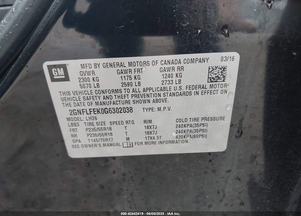 2016 CHEVROLET EQUINOX VIN: 2GNFLFEK0G6302038