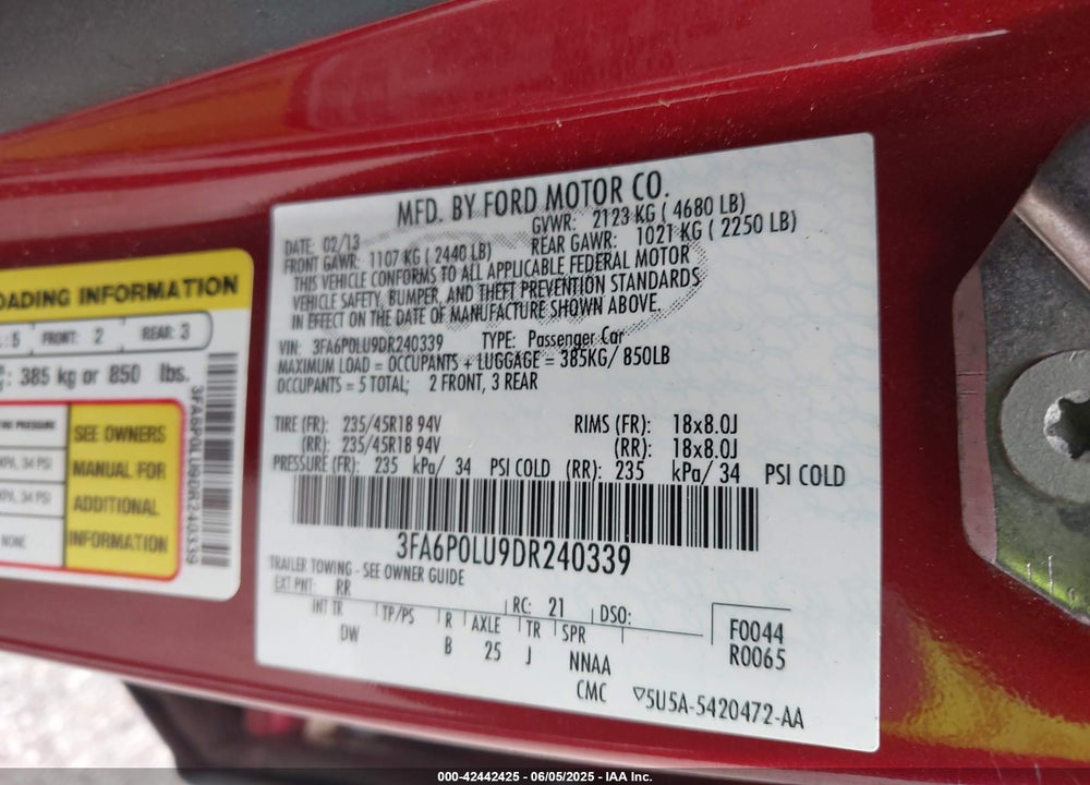 2013 FORD FUSION HYBRID SE VIN: 3FA6P0LU9DR240339