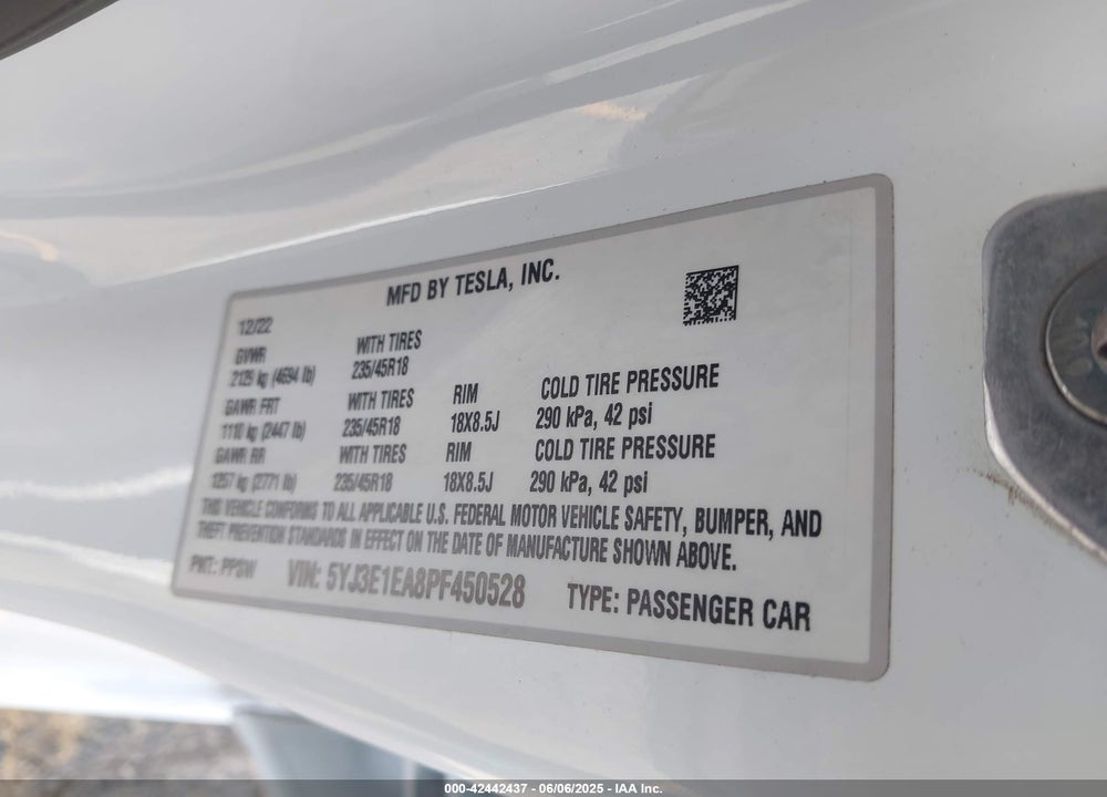 2023 TESLA MODEL 3 VIN: 5YJ3E1EA8PF450528