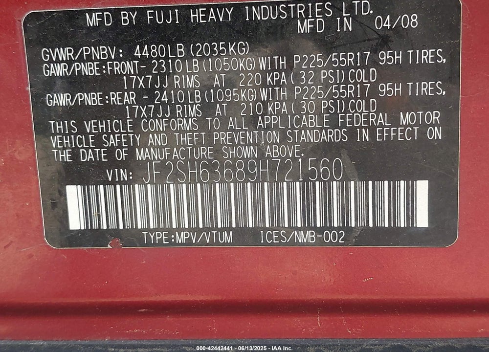 2009 SUBARU FORESTER 2.5X VIN: JF2SH63689H721560