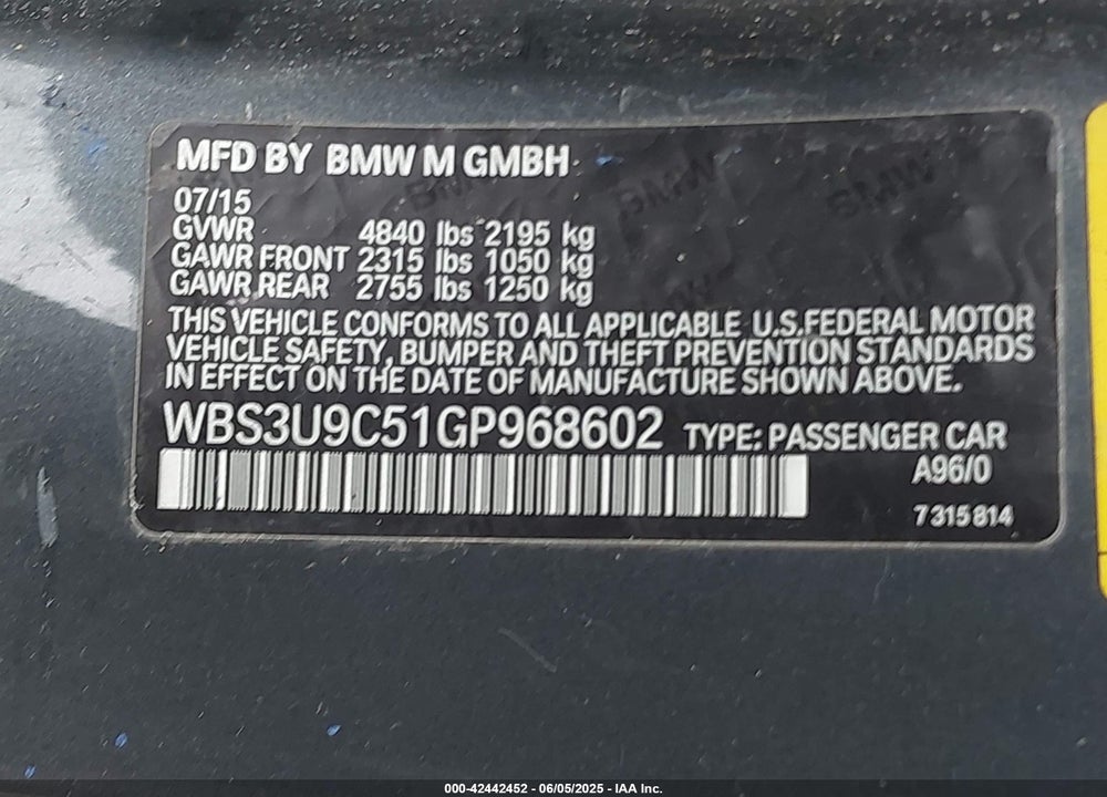 2016 BMW M4 VIN: WBS3U9C51GP968602