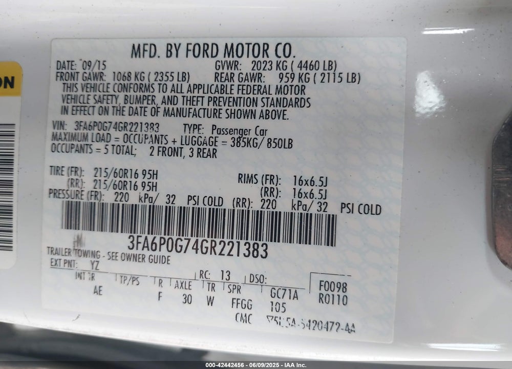 2016 FORD FUSION S VIN: 3FA6P0G74GR221383