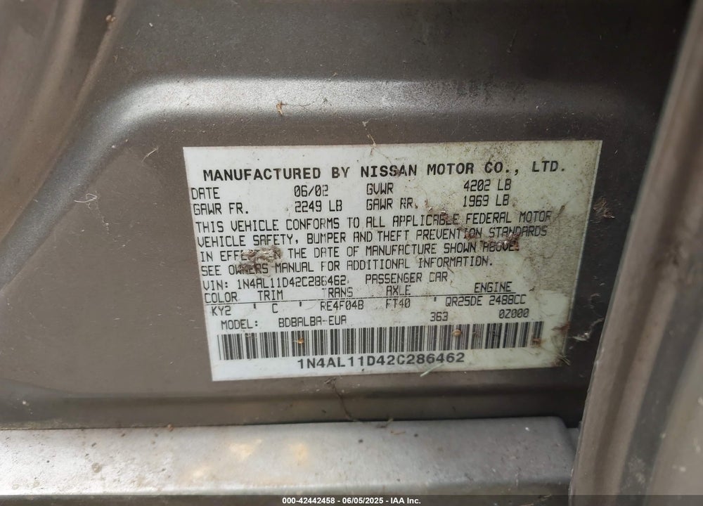 2002 NISSAN ALTIMA 2.5 SL VIN: 1N4AL11D42C286462