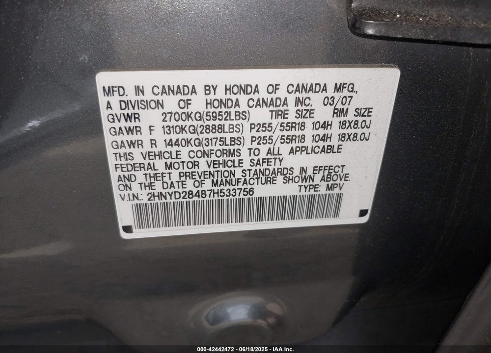 2007 ACURA MDX TECHNOLOGY PACKAGE VIN: 2HNYD28487H533756