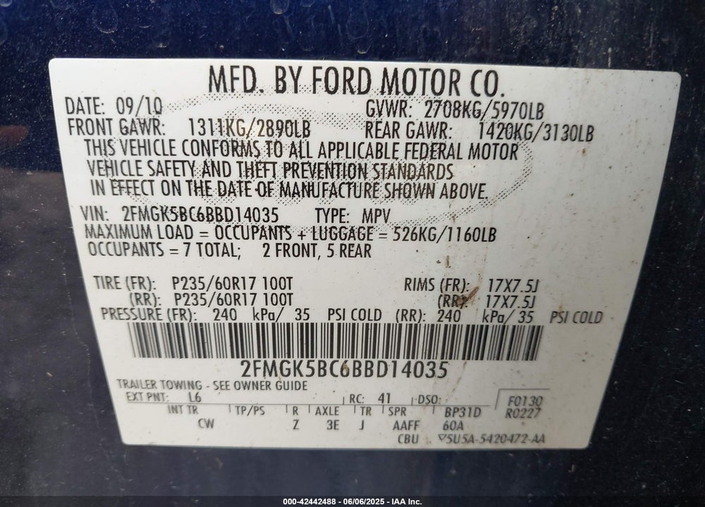 2011 FORD FLEX VIN: 2FMGK5BC6BBD14035