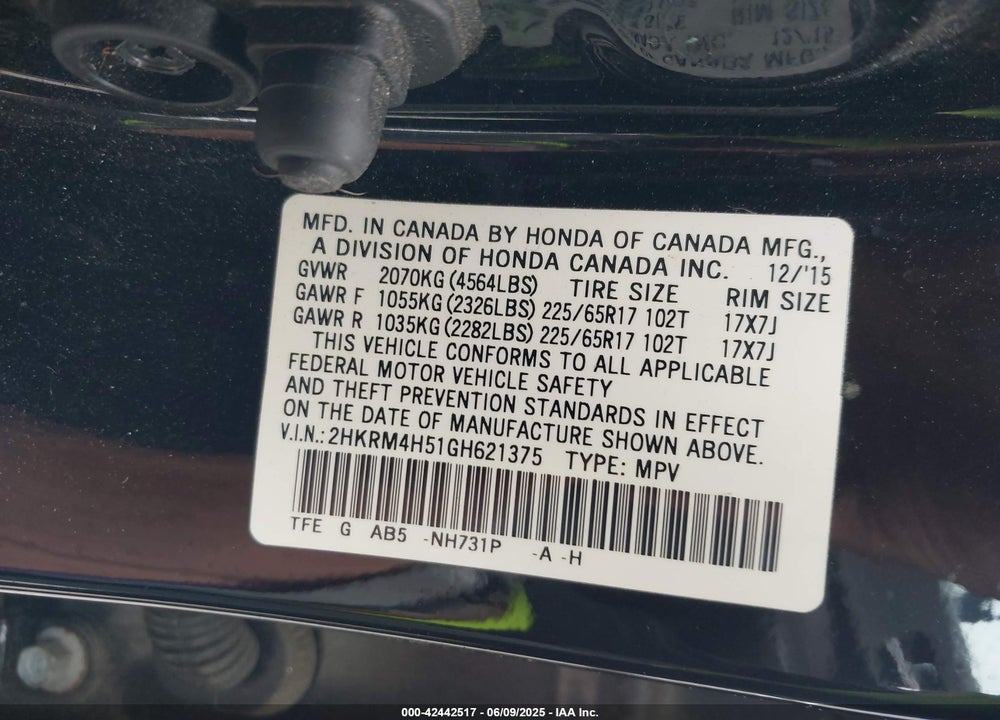 2016 HONDA CR-V VIN: 2HKRM4H51GH621375