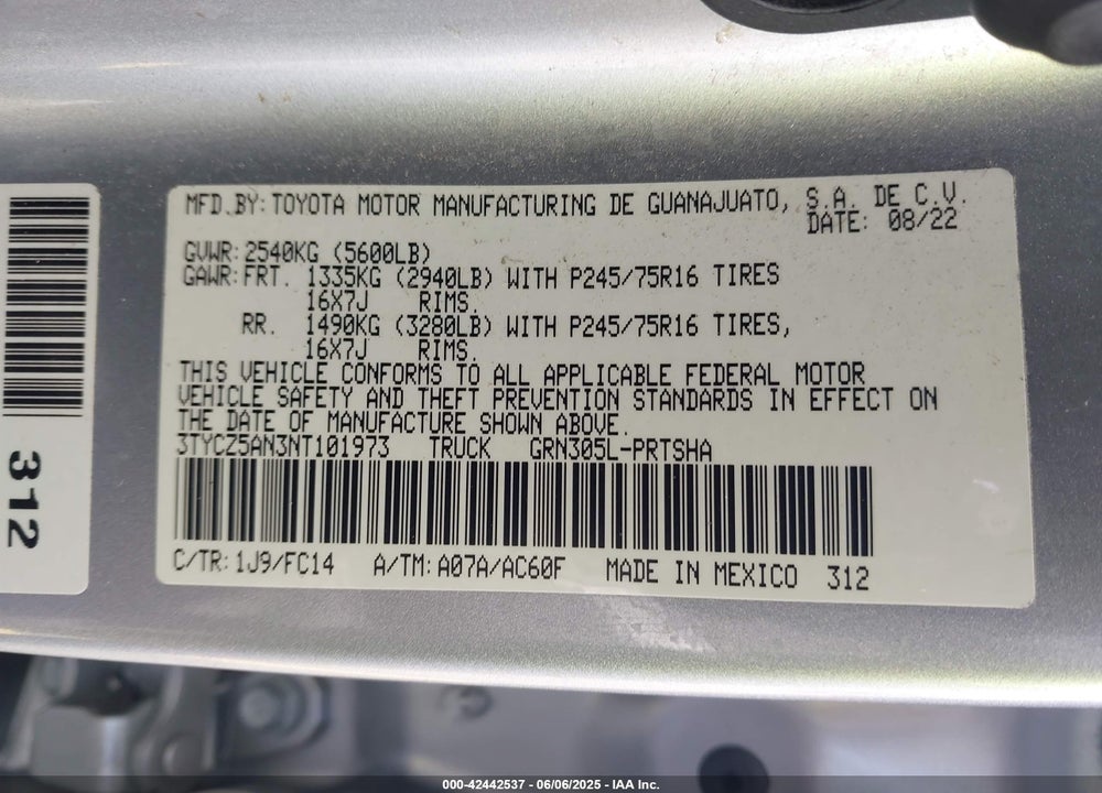 2022 TOYOTA TACOMA SR5 V6 VIN: 3TYCZ5AN3NT101973