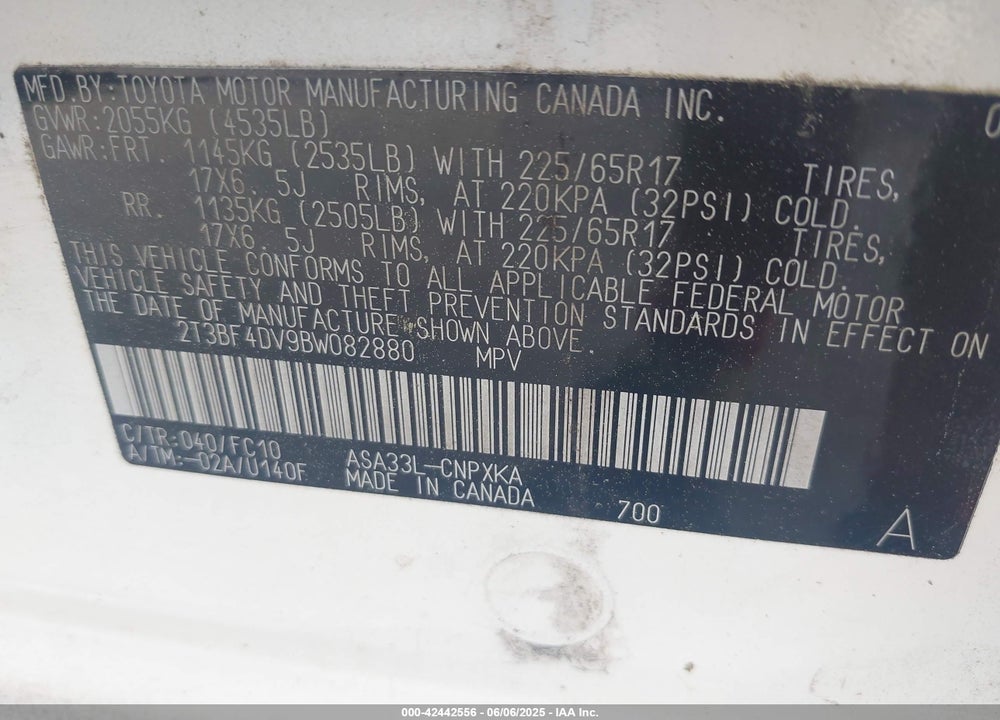 2011 TOYOTA RAV4 VIN: 2T3BF4DV9BW082880