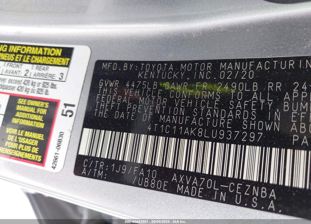 2020 TOYOTA CAMRY VIN: 4T1C11AK8LU937297