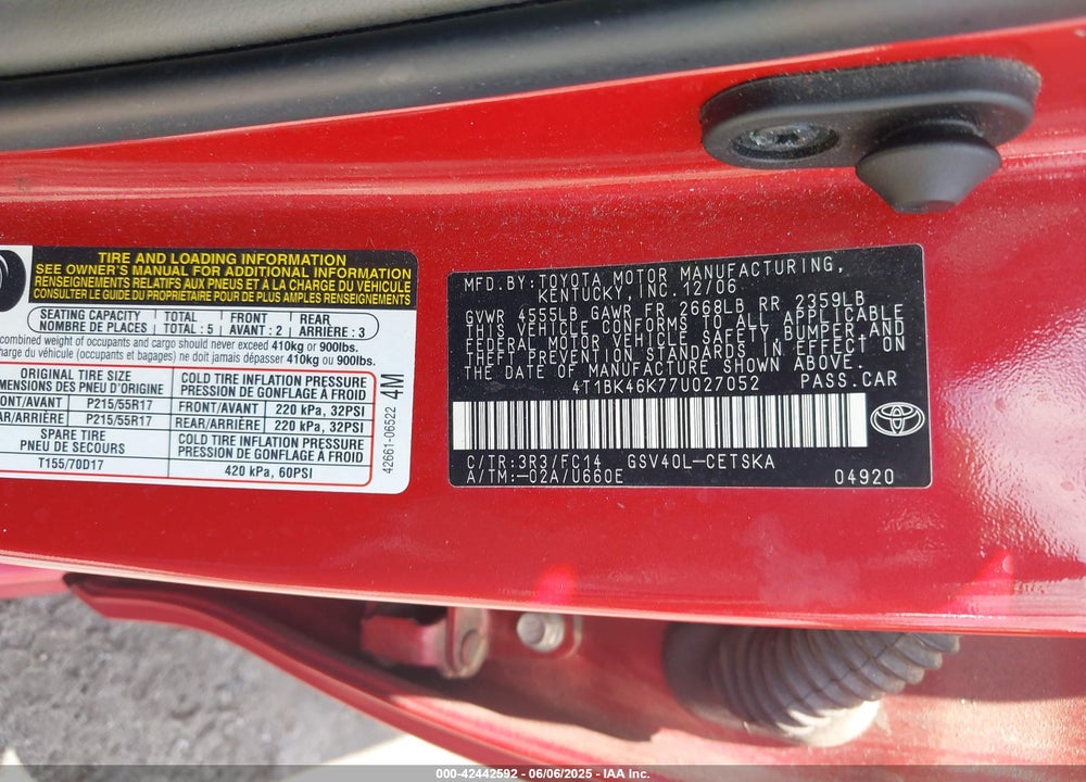 2007 TOYOTA CAMRY VIN: 4T1BK46K77U027052