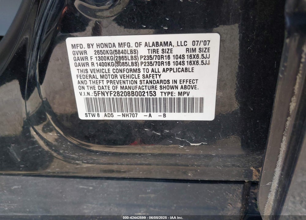 2008 HONDA PILOT VP VIN: 5FNYF28208B002153
