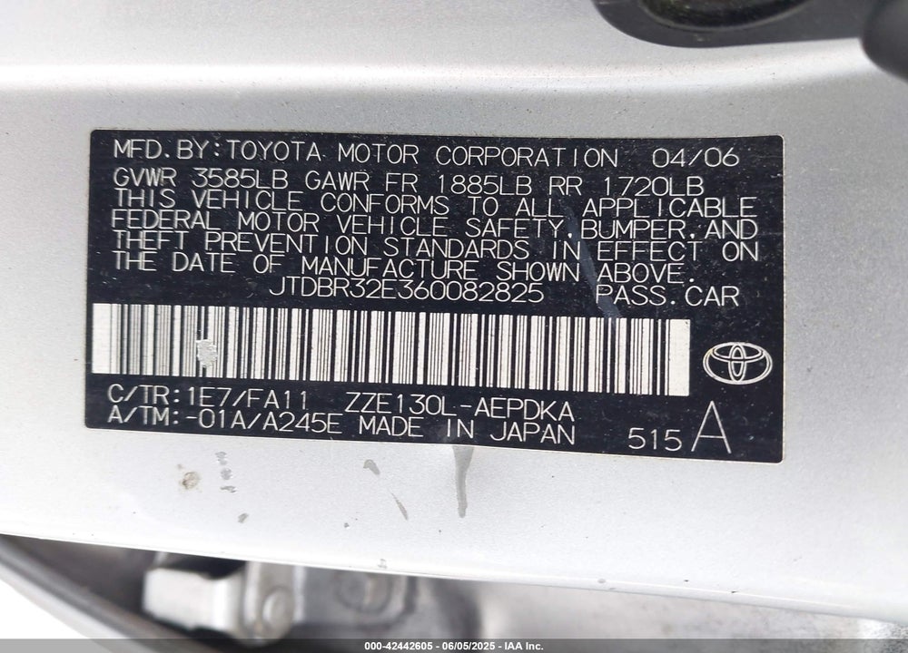 2006 TOYOTA COROLLA VIN: JTDBR32E360082825