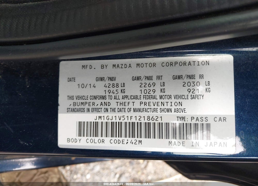 2015 MAZDA 6 VIN: JM1GJ1V51F1218621