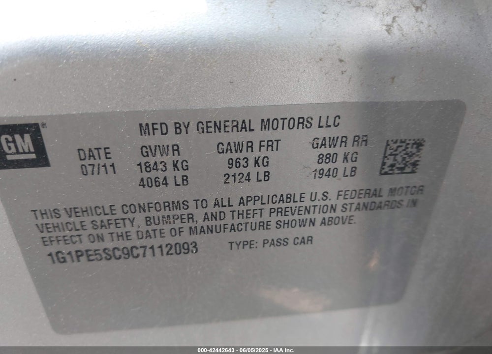 2012 CHEVROLET CRUZE VIN: 1G1PE5SC9C7112093