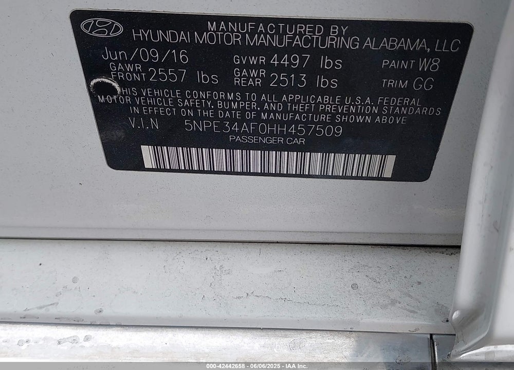 2017 HYUNDAI SONATA LIMITED VIN: 5NPE34AF0HH457509