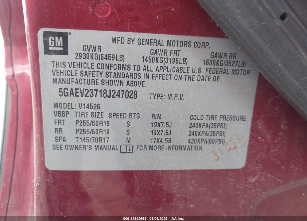 2008 BUICK ENCLAVE VIN: 5GAEV23718J247028