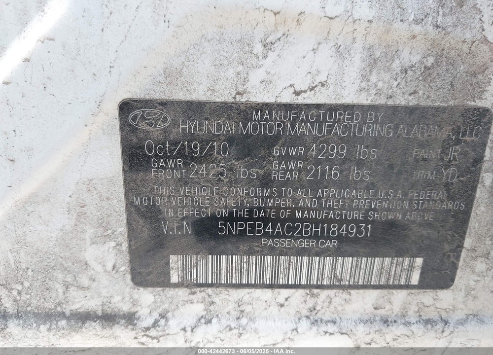 2011 HYUNDAI SONATA GLS VIN: 5NPEB4AC2BH184931