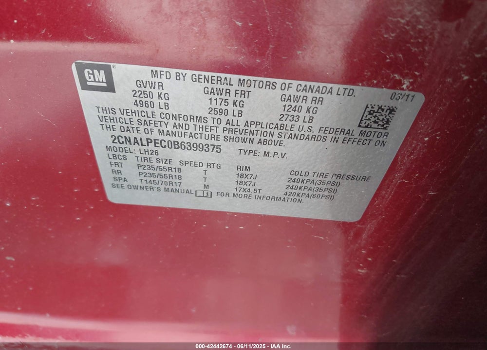 2011 CHEVROLET EQUINOX VIN: 2CNALPEC0B6399375