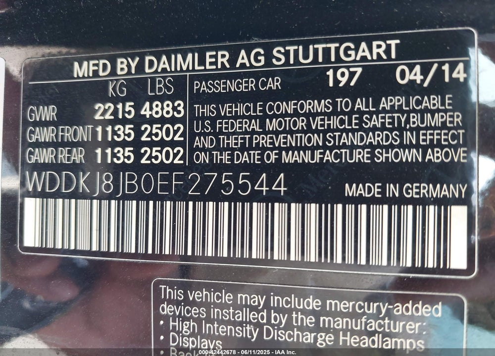 2014 MERCEDES-BENZ E-CLASS VIN: WDDKJ8JB0EF275544