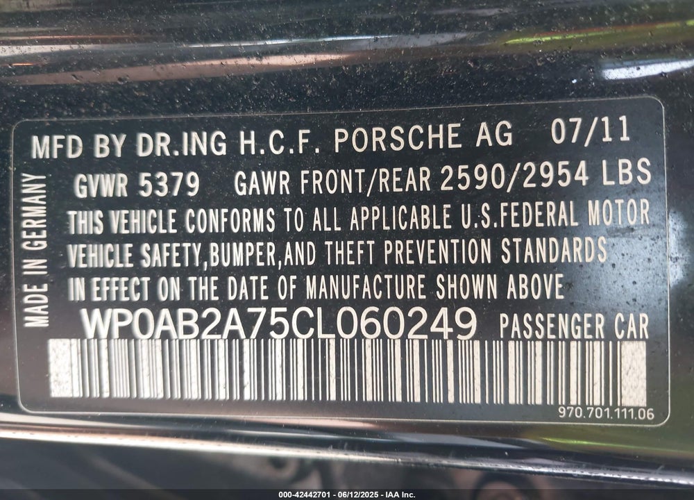 2012 PORSCHE PANAMERA VIN: WP0AB2A75CL060249