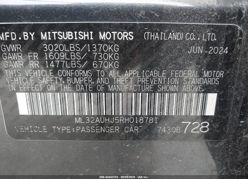 2024 MITSUBISHI MIRAGE ES/LE VIN: ML32AUHJ5RH018781