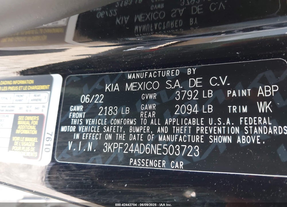 2022 KIA FORTE VIN: 3KPF24AD6NE503723