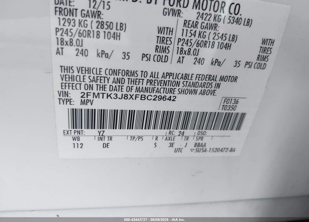 2015 FORD EDGE VIN: 2FMTK3J8XFBC29642