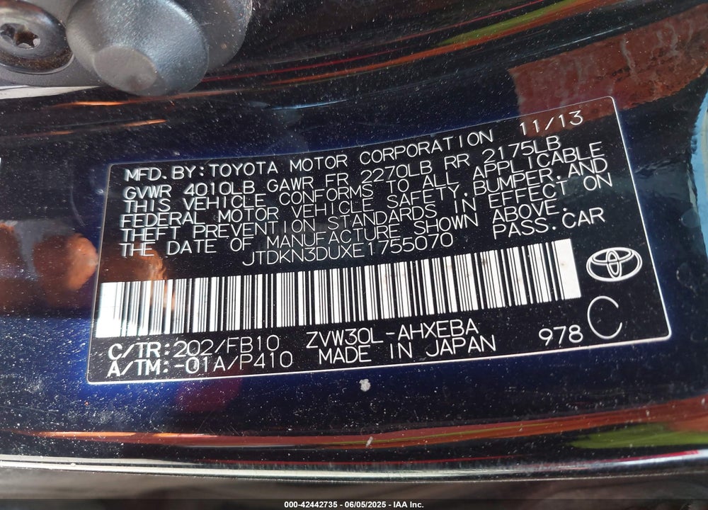 2014 TOYOTA PRIUS VIN: JTDKN3DUXE1755070