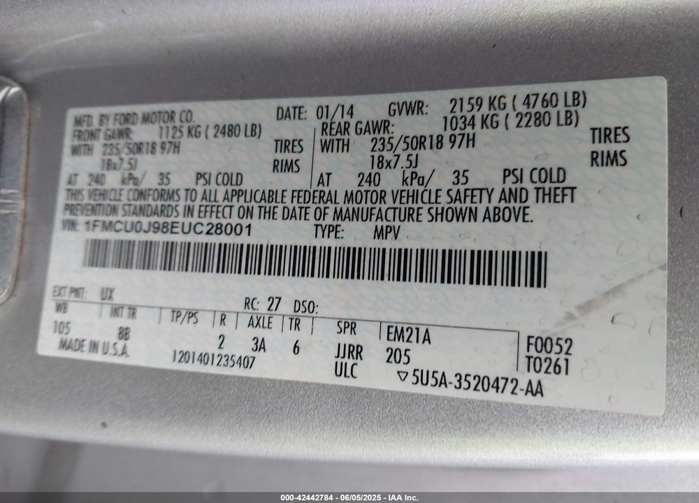 2014 FORD ESCAPE VIN: 1FMCU0J98EUC28001