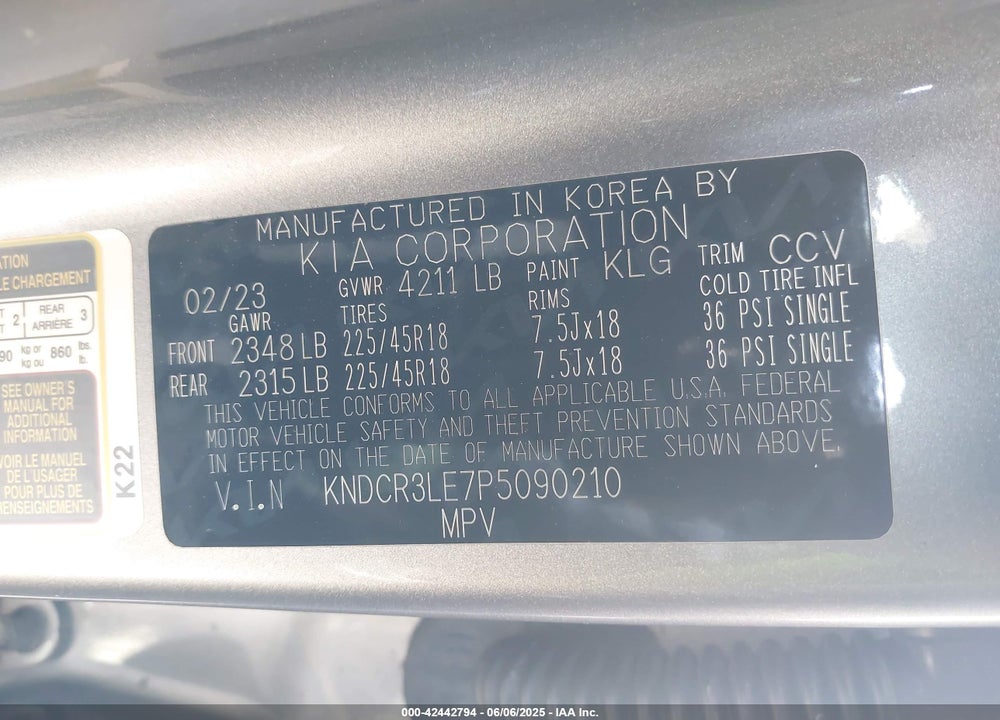 2023 KIA NIRO VIN: KNDCR3LE7P5090210