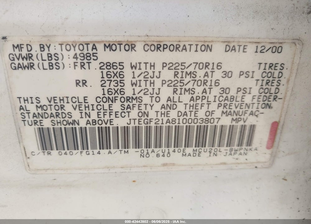2001 TOYOTA HIGHLANDER V6 VIN: JTEGF21A810003807