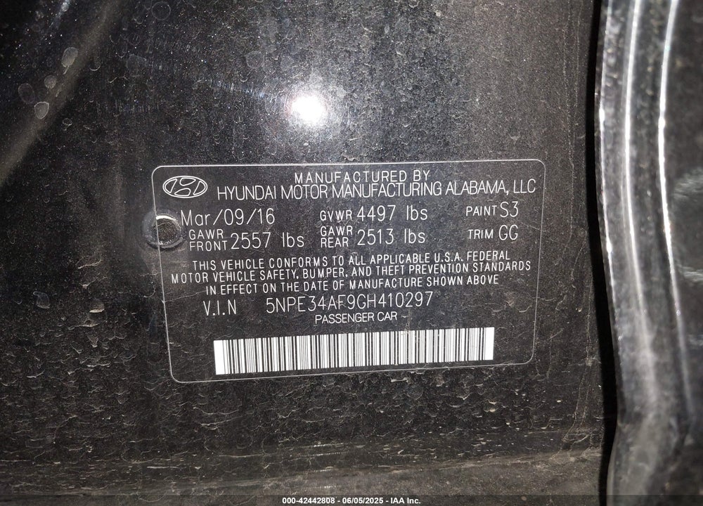 2016 HYUNDAI SONATA VIN: 5NPE34AF9GH410297