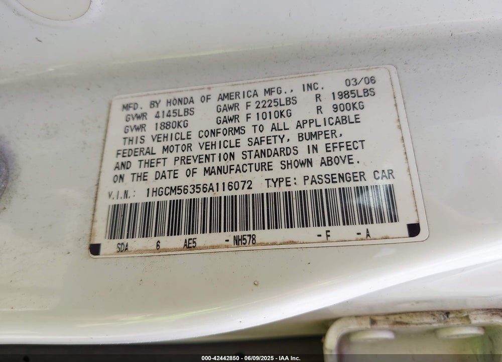 2006 HONDA ACCORD VIN: 1HGCM56356A116072