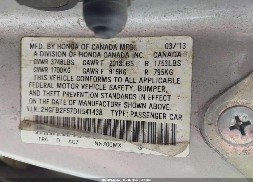 2013 HONDA CIVIC LX VIN: 2HGFB2F57DH541438