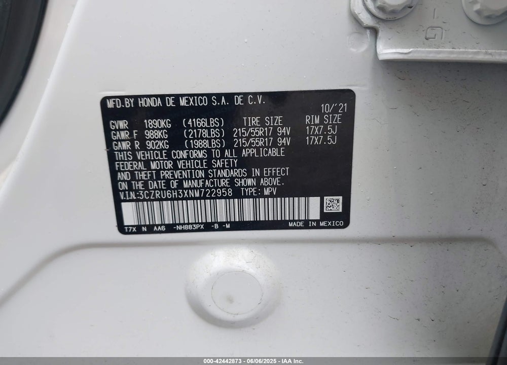 2022 HONDA HR-V VIN: 3CZRU6H3XNM722958