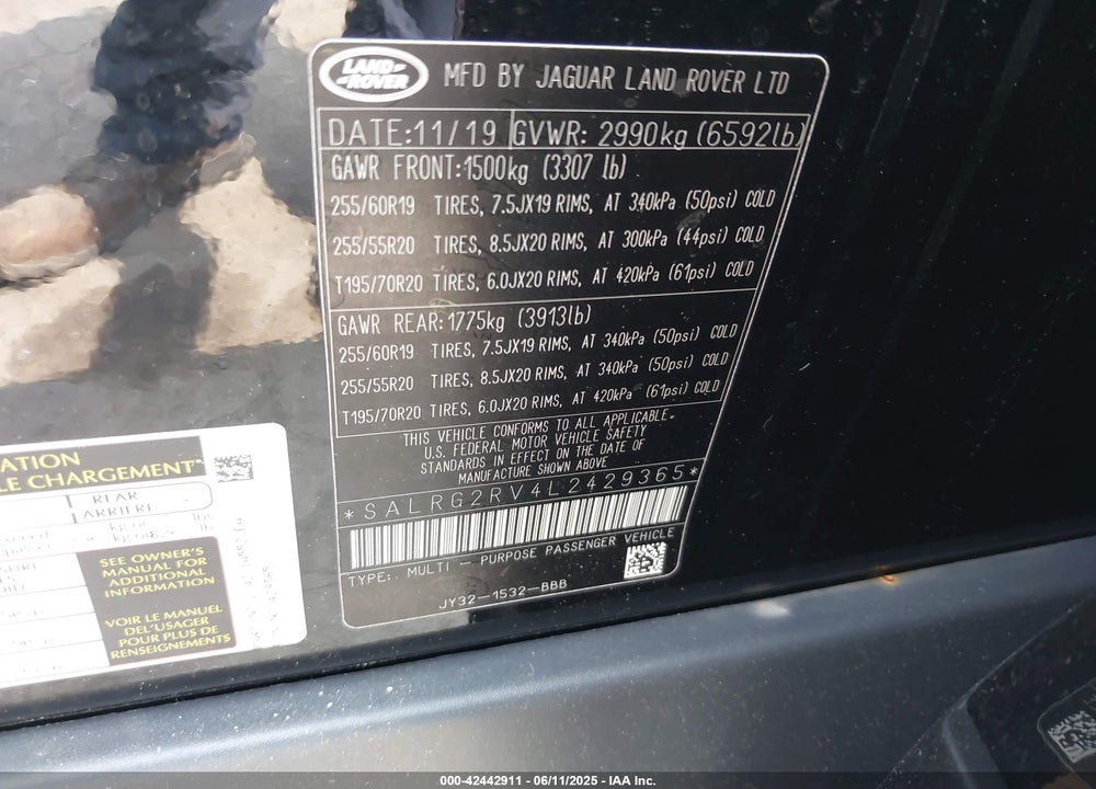2020 LAND ROVER DISCOVERY VIN: SALRG2RV4L2429365