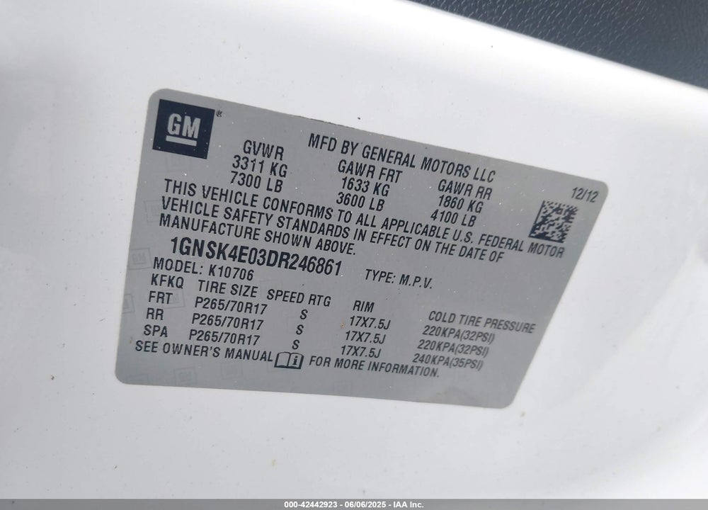 2013 CHEVROLET TAHOE VIN: 1GNSK4E03DR246861