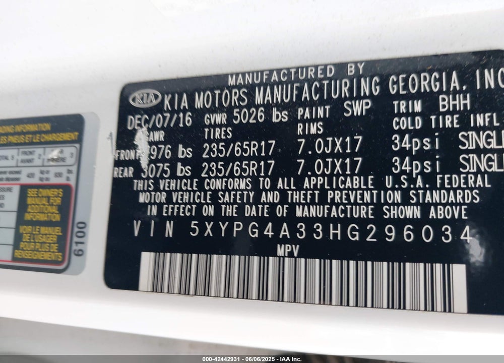 2017 KIA SORENTO VIN: 5XYPG4A33HG296034