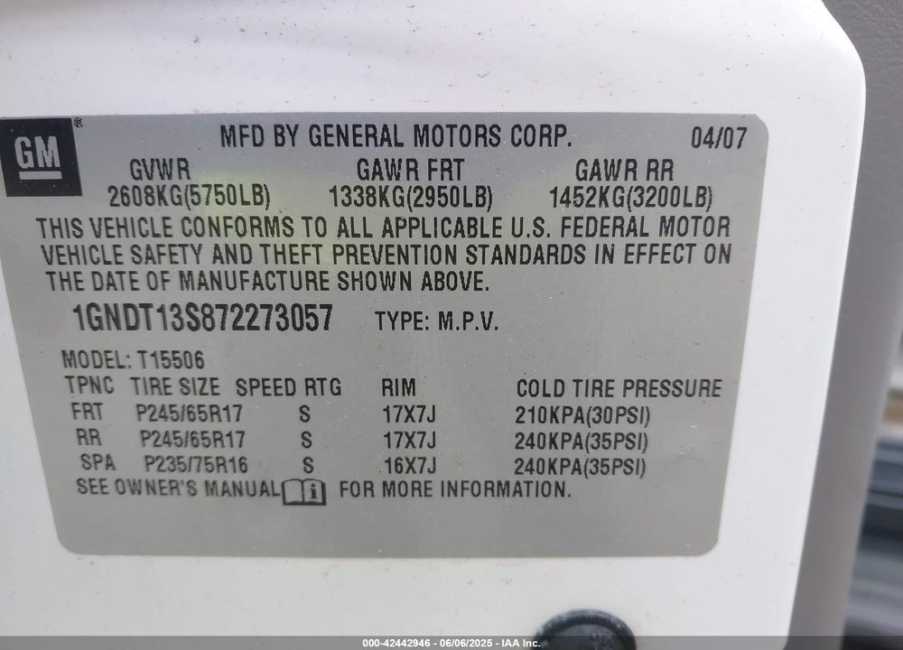 2007 CHEVROLET TRAILBLAZER LS VIN: 1GNDT13S872273057
