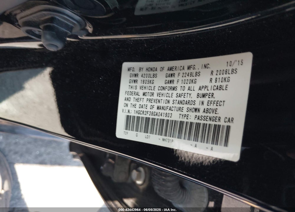 2016 HONDA ACCORD VIN: 1HGCR2F36GA041903