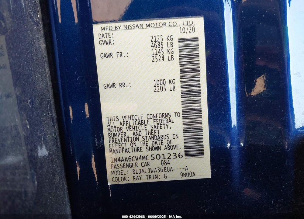 2021 NISSAN MAXIMA VIN: 1N4AA6CV4MC501236