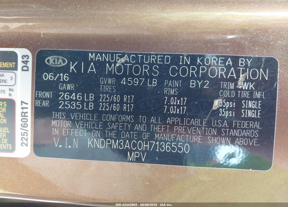 2017 KIA SPORTAGE VIN: KNDPM3AC0H7136550