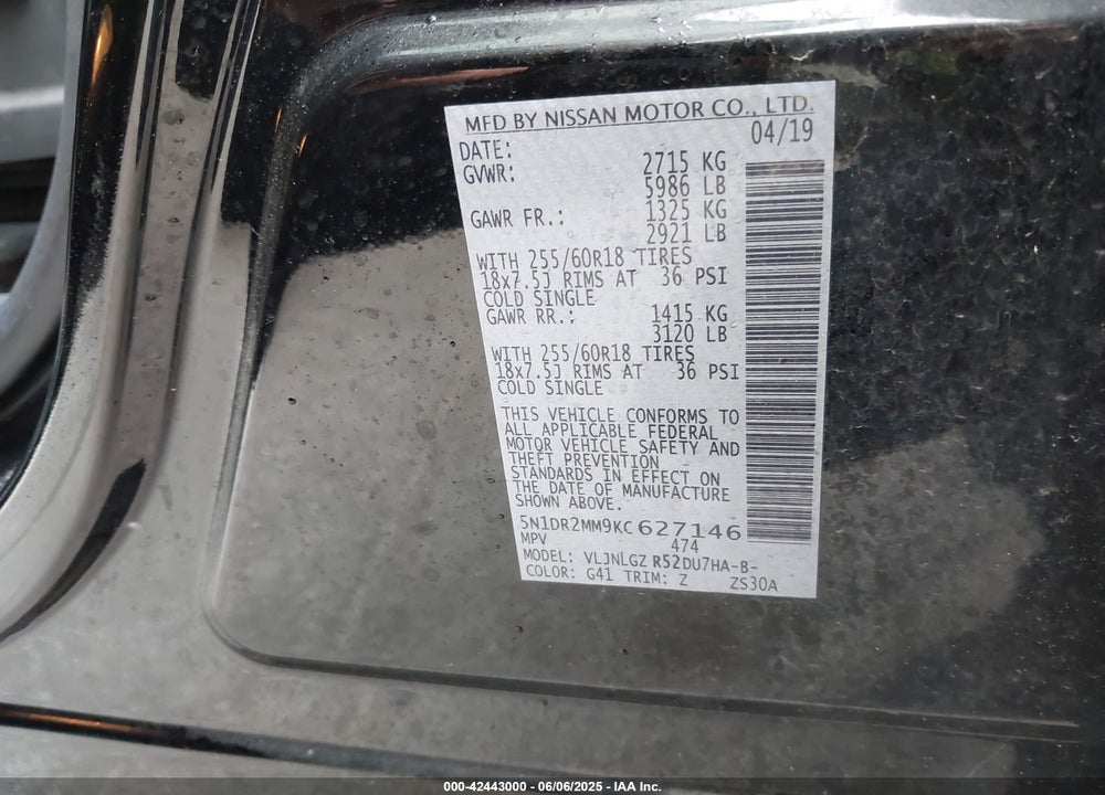 2019 NISSAN PATHFINDER VIN: 5N1DR2MM9KC627146