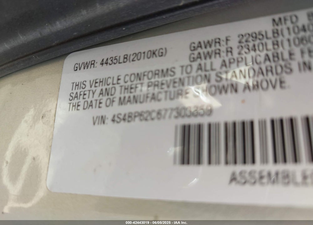 2007 SUBARU OUTBACK 2.5I LIMITED VIN: 4S4BP62C677303859