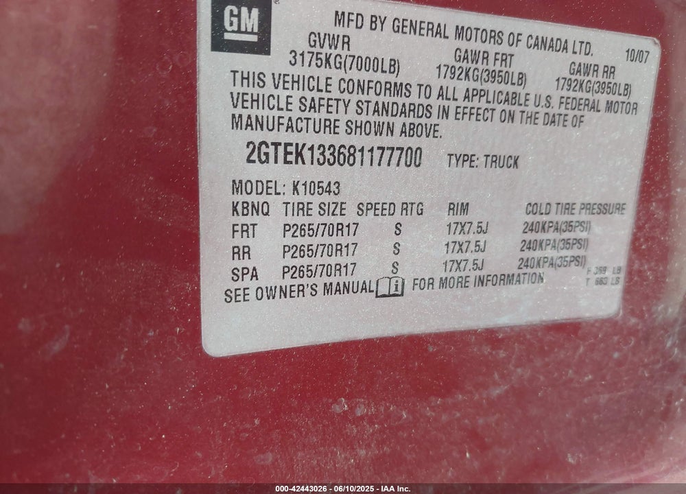 2008 GMC SIERRA 1500 VIN: 2GTEK133681177700